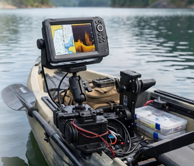 Fish finder mount installed on kayak